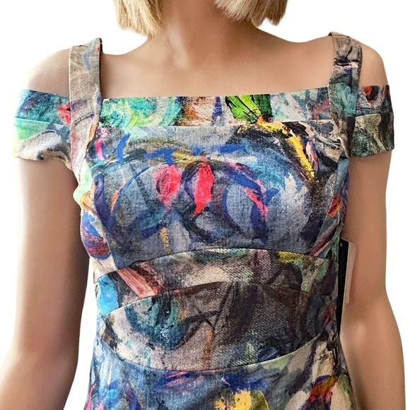 Nicole Miller New York Wiggle Sheath Dress Cold Shoulder Abstract Floral Multi - Picture 5 of 16